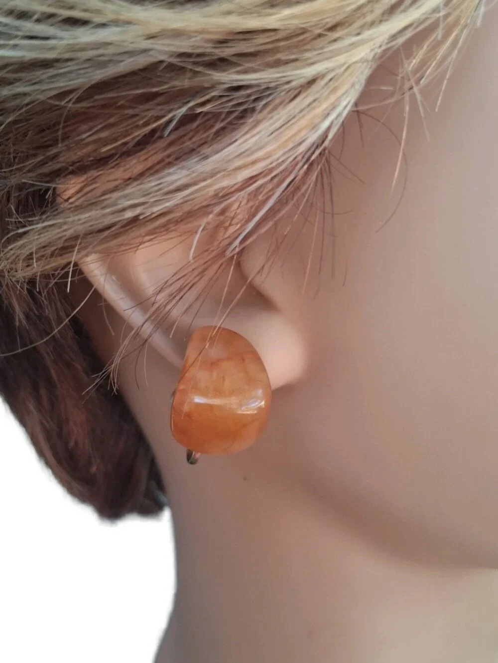 VTG Genuine Carnelian Agate Tumbled Stone Screw Back Earrings Mid Century